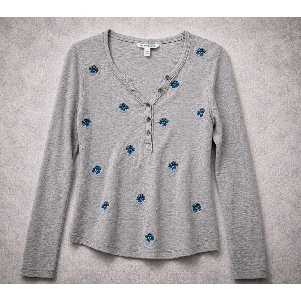 Lucky Brand Floral Thermal Henley Gray Long Sleeve Embroidered Top Women's XS